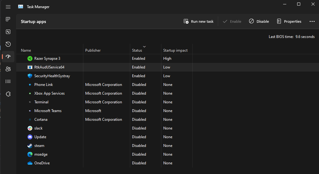 Startup app section in task manager