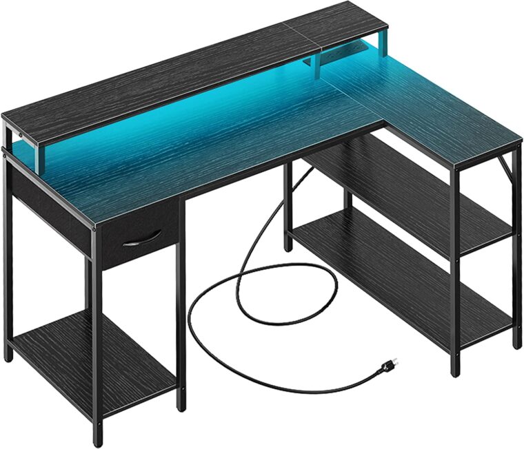 SUPERJARE L Shaped Gaming Desk with LED Lights & Power Outlets image