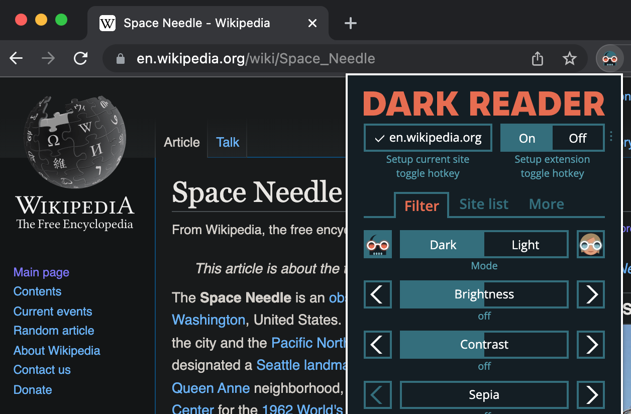 Dark Reader extension