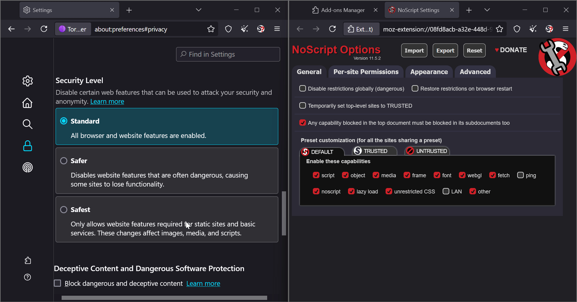 Tor Browser NoScript Icon Toolbar